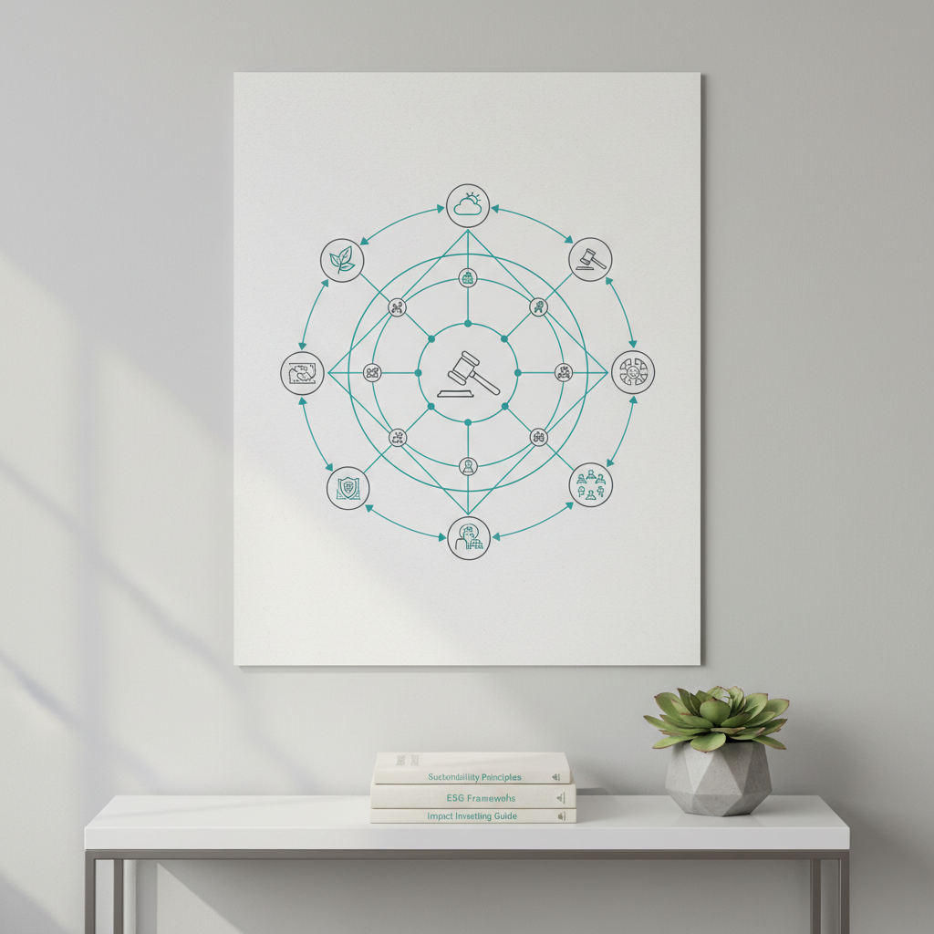 A structured circular diagram of interconnected ESG and impact icons printed on a large, high-quality matte poster, mounted on a smooth light-gray wall. The icons—representing climate, human rights, governance, and community impact—are rendered in simple line art with subtle teal and charcoal accents. Below the poster, a slender white console table holds neatly stacked sustainability handbooks with linen-textured covers and a single small, geometric concrete planter with a low-maintenance green plant. Soft, indirect daylight from the left creates gentle gradients across the wall, giving the space depth without harsh shadows. Photographed straight-on at eye level with sharp focus throughout, the image has a balanced composition and plenty of negative space, conveying calm authority, educational clarity, and a polished corporate feel in realistic photographic style.